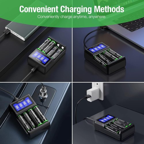 HiQuick 4 Bay AA/AAA Battery Charger - Fast USB Charging with Smart LCD Display for NiMH/NiCD Batteries