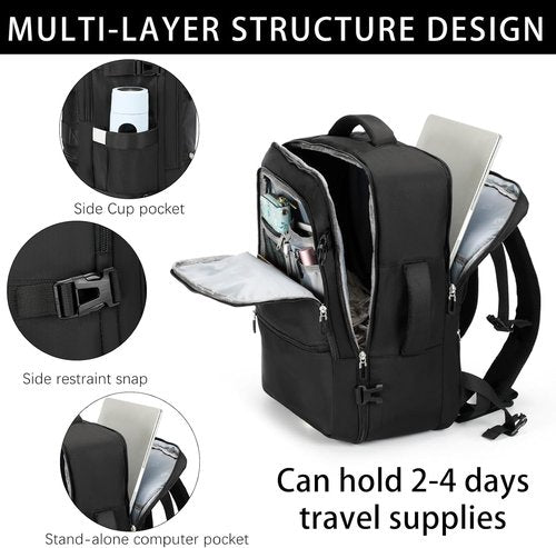 SHRRADOO Travel Backpack - Airline Approved Carry-On Luggage | 40L Fits 17" Laptop & 3-Piece Bag Set (Black)