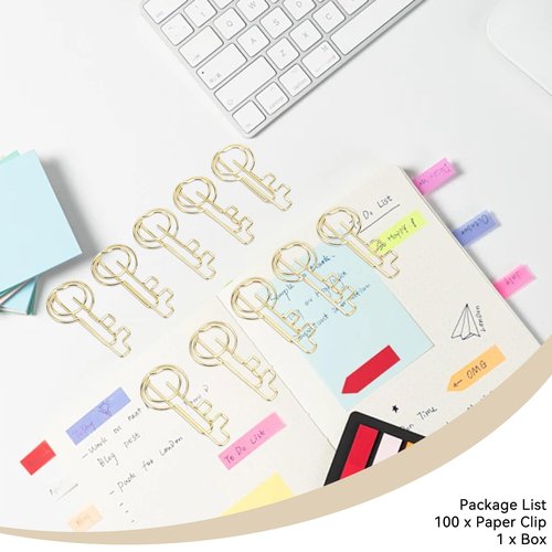 HERCHR Key Shaped Paper Clips, 100Pcs Metal Paperclips Bookmark Clips Gold Wire Paper Clips Small Portable Paper Clips for Home School Office Document Organizing