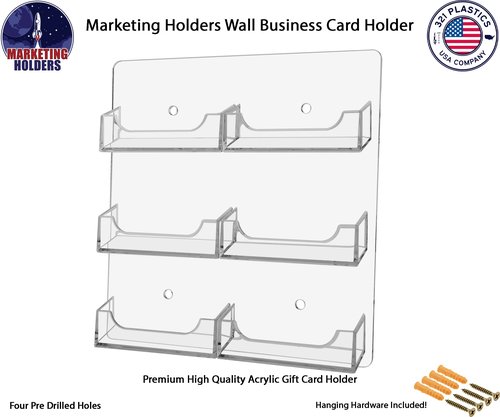 Marketing Holders Hanging Business Card Holder with Hardware 6 Pocket Clear Acrylic Wall Mount Multi Slot Rack for 3.5" x 2" Gift or Appointment Cards Space Saver Travel Agents Restaurants