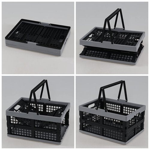Tyminin Pack of 2 Collapsible Shopping Baskets, 15 Liter Folding Plastic Crate with Handles, Moving Storage Crate Small Stackable Containers Bins, Black
