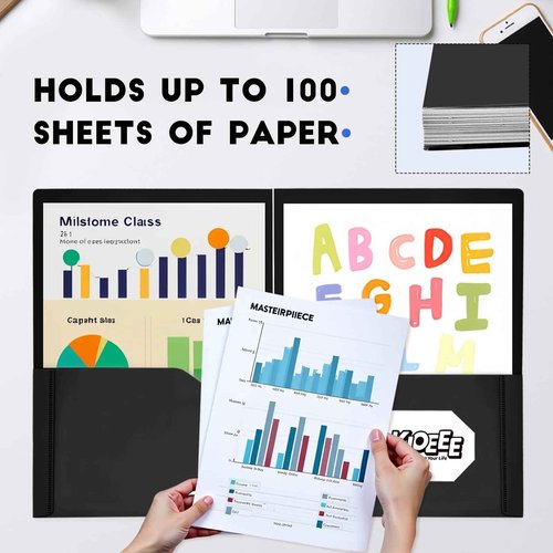 Kioeee Plastic Folders with Pockets (96 Pack), Heavy Duty Plastic Folders with 2 Pocket and Business Card Slot. Fit Letter Size Paper, Black for School