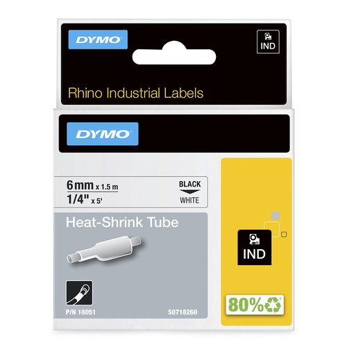 DYMO Rhino Industrial Heat-Shrink Labels, 1/4" Tube, Black Print on White