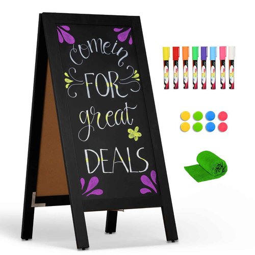 4 THOUGHT A-Frame Double-Sided Magnetic Chalkboard 40"x20", Solid Pine Wood Freestanding Sandwich Board for Restaurants, Cafes, Weddings (Black)
