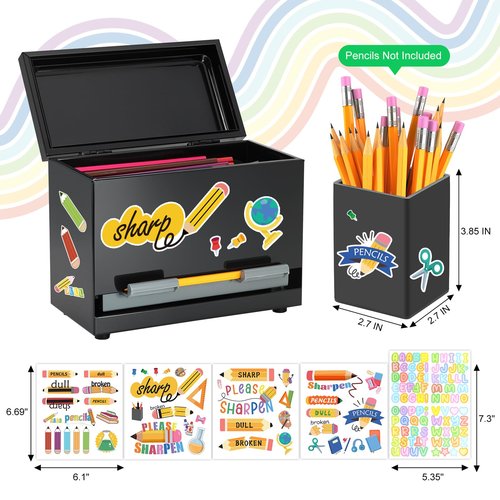 Pencil Dispenser for Classroom Stainless Steel Pencil Holder for Desk, Pencil Dispenser Set with Silicone Organizer & 5 Stickers, Back to School Classroom Must Haves Teacher Supplies (Black)