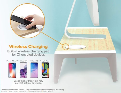 Bostitch Office Wooden Monitor Stand with Wireless Charging Pad, Drawer for Storage, Adjustable Height Riser Includes Removable Non-Skid Rubber Feet - Wood Grain and White (STND-248WH)