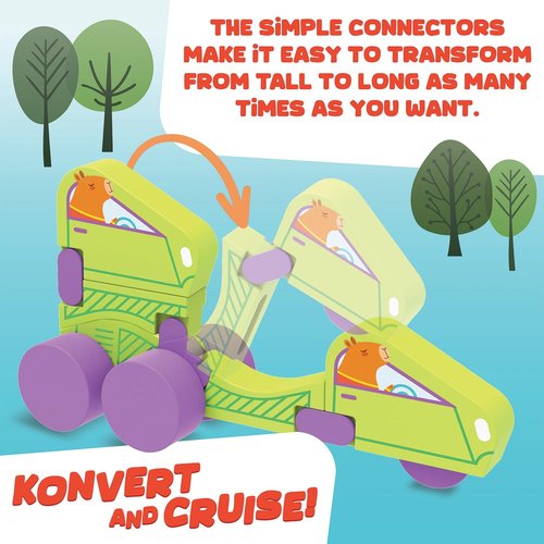 MindWare Konvertibles Transforming Wooden Trucks - 2-Piece Flip & Change Vehicle Set with Carry-Along Box for 3D Road Scene, Ideal Toddler Toy for Ages 18 Months+
