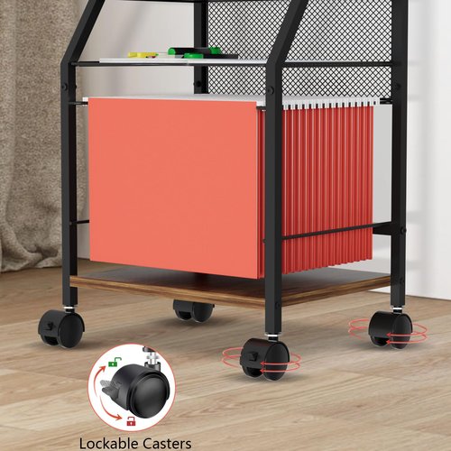 BOHDK Rolling File Cart, 6-Tier Under Desk Organizer on Lockable Wheels, Brown Wood Planks & Mesh File Cart with Hanging File Folders Rack and Paper Trays for Office Home, 14.7" L x 11.8" D x 27.5" H