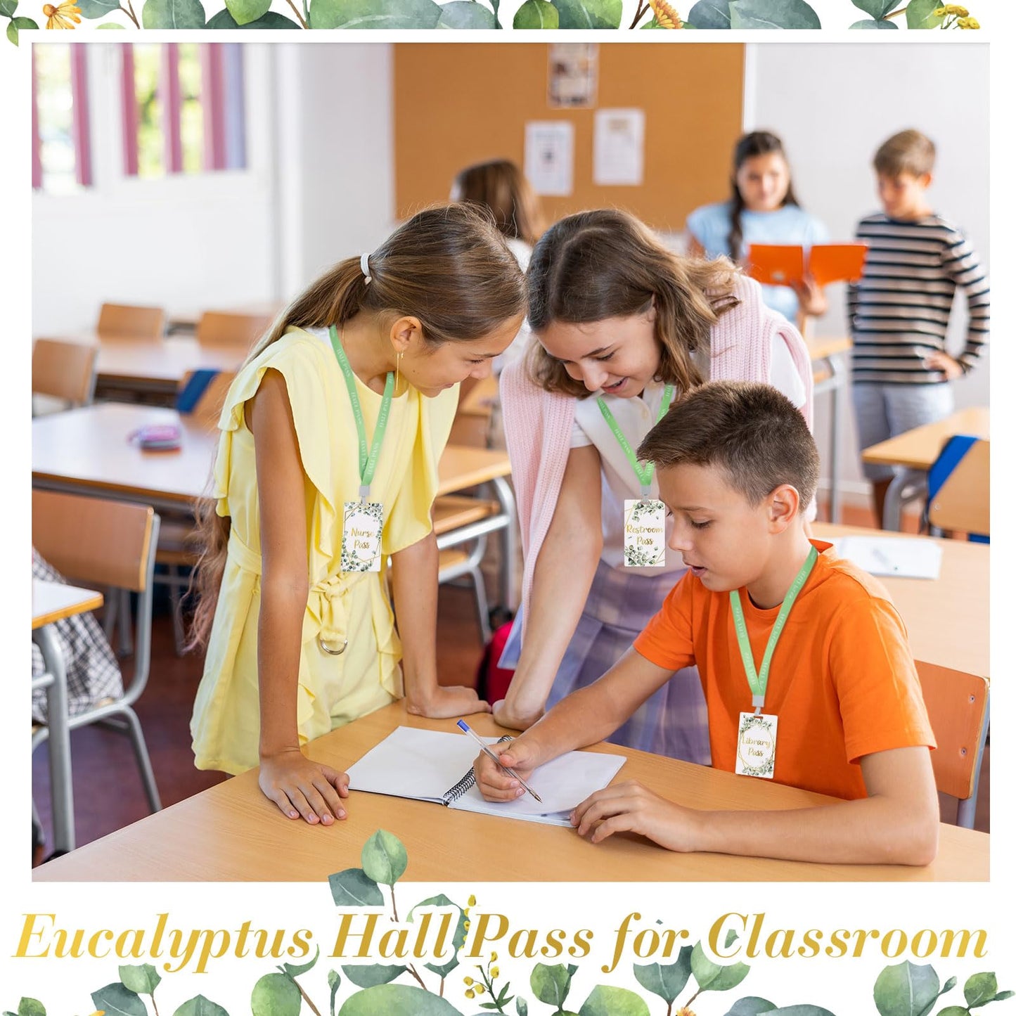 8 Set PVC Hall Pass Lanyards Eucalyptus Unbreakable Hall School Passes Teacher Supplies for Classroom Elementary Middle School Bathroom Library Office Nurse