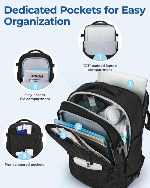BAGSMART 30L Unisex Black Travel Backpack, 17 Inch Laptop Compartment, Water Resistant, Large Capacity, Padded Strap, Zipper Closure