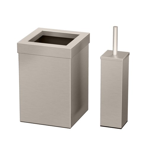 Gatco Modern Square Waste Basket and Toilet Brush Set, Satin Nickel - Stainless Steel Trash Can with Removable Lid, Leakproof, 3 Gallon Capacity for Bathroom, Bedroom, Kitchen, or Office