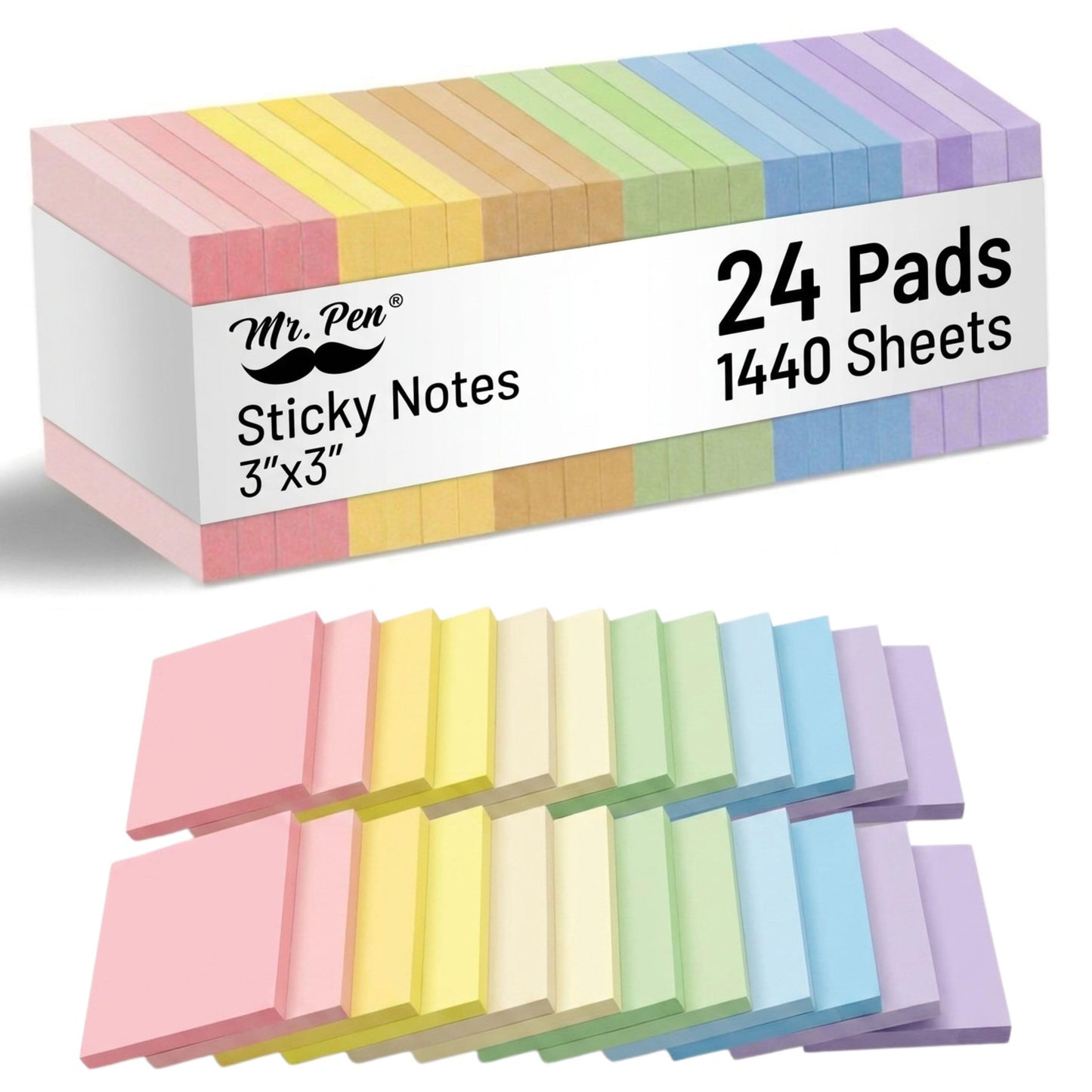 Mr. Pen- Sticky Notes, 3"x3", 24 Pads, 1440 Sheets, Pastel Colors