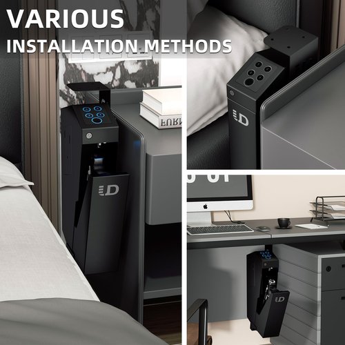 Urban Deco Gun Safe for Handgun Drop Down,Quick Access Pistol Safe Mounted Single Biometric Safes For Nightstand, Desk, Bedside,Vehicle Handgun Safe Auto Open - With Fingerprint, Pin Code, Key Access