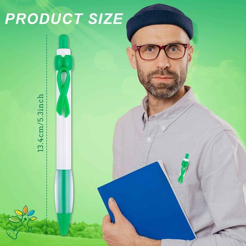 Yexiya 200 Pcs Mental Health Awareness Retractable Pen Green Ribbon Liver Cancer Kidney Disease Awareness Black Ink Ballpoint Pen Bulk with Individual Packed for Charity Volunteers Activities Supply
