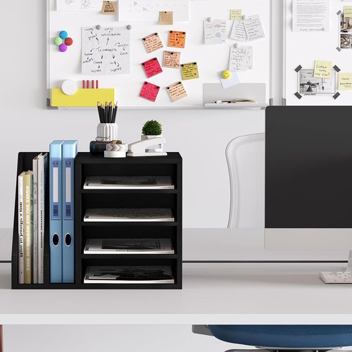Senhoglb Wood Desk Organizer File Holder, Wooden Mail Organizer Countertop with Adjustable Compartments, Desktop File Organizer Paper Sorter for Home, Office and School, Envelope Organizer, Black