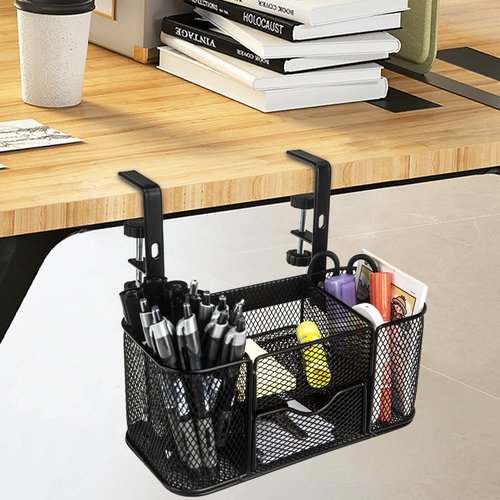 AKBFOX Clamp on Under Desk Mesh Pen Holder Organizer Desktop Office Supplies with 5 Compartments + Drawer for Home, School, Classroom