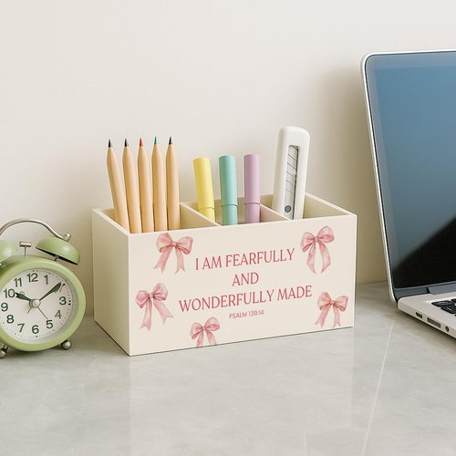 FISWAFY Pink Coquette Bow Christian Pen Pencil Holder for Desk, Christian Gifts for Women, Psalm 139:14 Bible Scripture Makeup Brush Toothbrush Holder for Vanity Girly Bedroom Bathroom