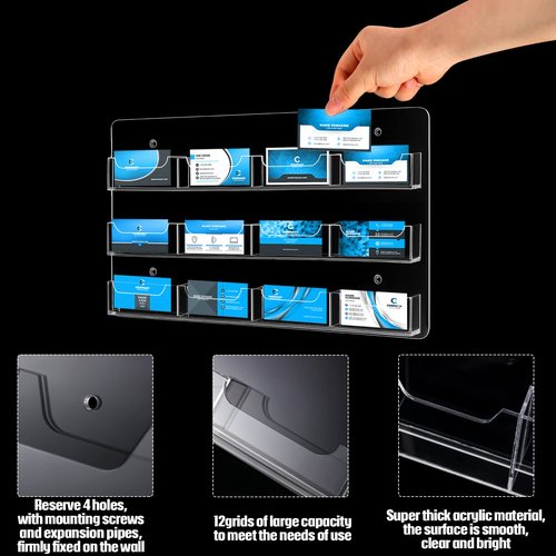 Lincia Acrylic Business Card Holder Wall Mount Clear Sticker Display Rack Multiple Plastic Card Organizing Sticker Display Stand for Schools and Corporate Meeting Rooms (12 Pocket)