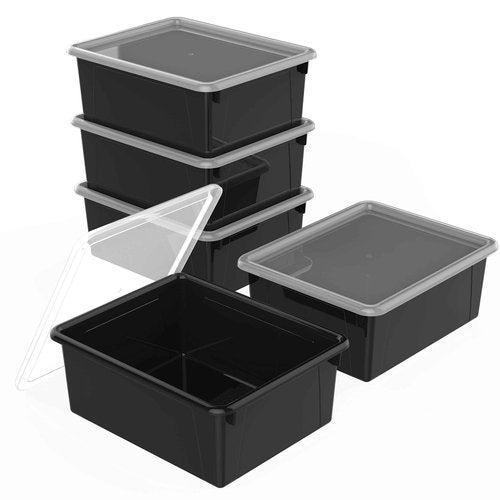 Storex Letter Size Deep Storage Tray – Organizer Bin with Non-Snap Lid for Classroom, Office and Home, Black, 5-Pack (62543A05C), 10 x 13 x 5 Inches