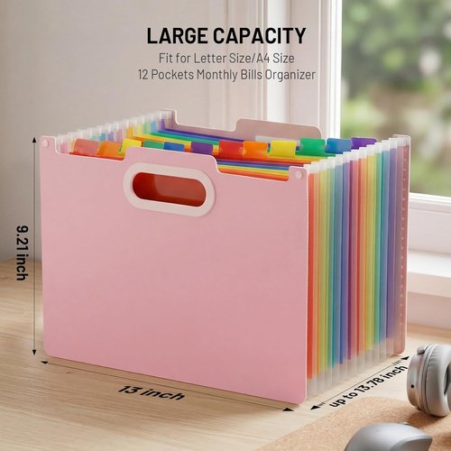 Comix Accordion File Organizer - 13 Pocket Expanding Folder | Portable A4 Document Holder in Pink