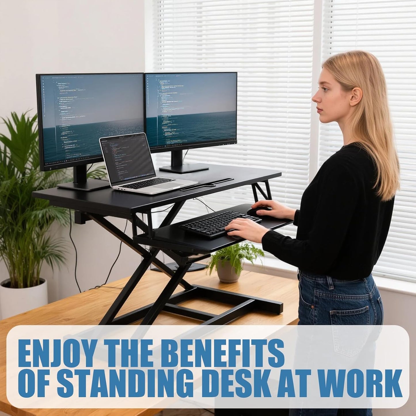 Skiennix Standing Desk Converter - Height Adjustable Sit to Stand Riser for Dual Monitors | Home Office Workstation