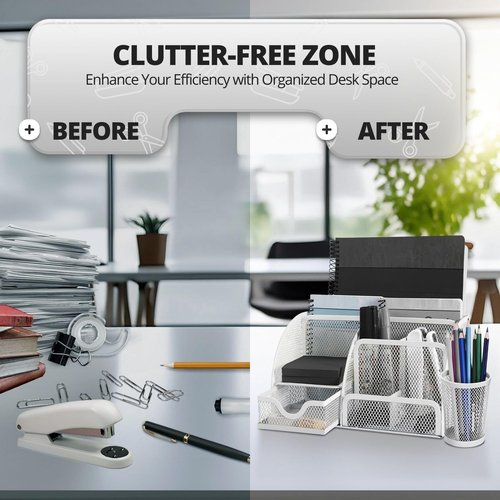 Flexzion Desk Caddy Organizer Set (White) - Metal Mesh Desktop Caddy with Drawers, 6 Compartments, and Pencil Holder for Women & Men - Desktop Organizer and Storage for Work or Office Supplies