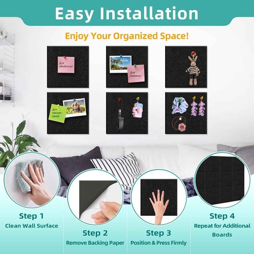 URMMIY Large Cork Board for Walls - 12 Pack Black Felt Wall Tiles with Safe Removable Adhesive Tabs for Office Pin Board, Tack Board, 47"x35", Includes Push Pins & Sticky Tabs (Black, 12 Pack)