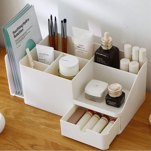 Shoccolt Desk Organizer with Drawer Large Capacity Bookends Stationary Supplies Bookshelf Accessories Pen Holder Caddy Makeup Storage Plastic Book Organizer (Large, Beige)
