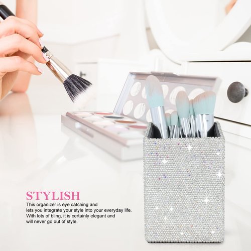 KEYPOWER Crystal Pencil Pot Holder Box Bling Rhinestone Pen Organizer Holder Cosmetic Pen Container Comb Brushes Personalized (Square White&AB Color)