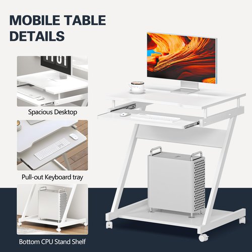 SogesGame Mobile Compact Computer Desk Cart for Small Spaces, Work Workstation, Standing Laptop Cart with Keyboard Tray and Printer Shelf for Home, Office, White