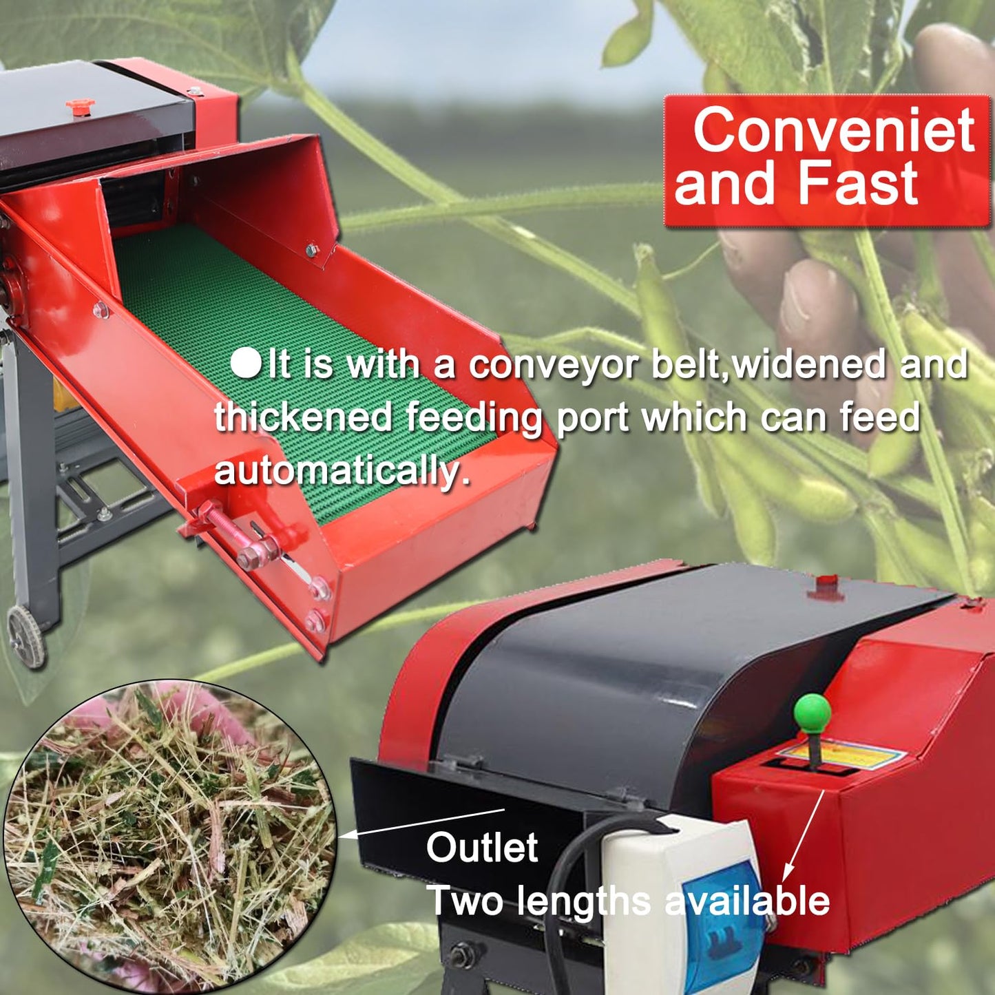 HayWHNKN Chaff Cutters Cutting Grass Chopper Corn Straw Cutter Pulverizer Hay Crusher for Animal Feed Process Auto Feed Straw Silage Machine 220V 3KW 4 Blade(with Conveyor)