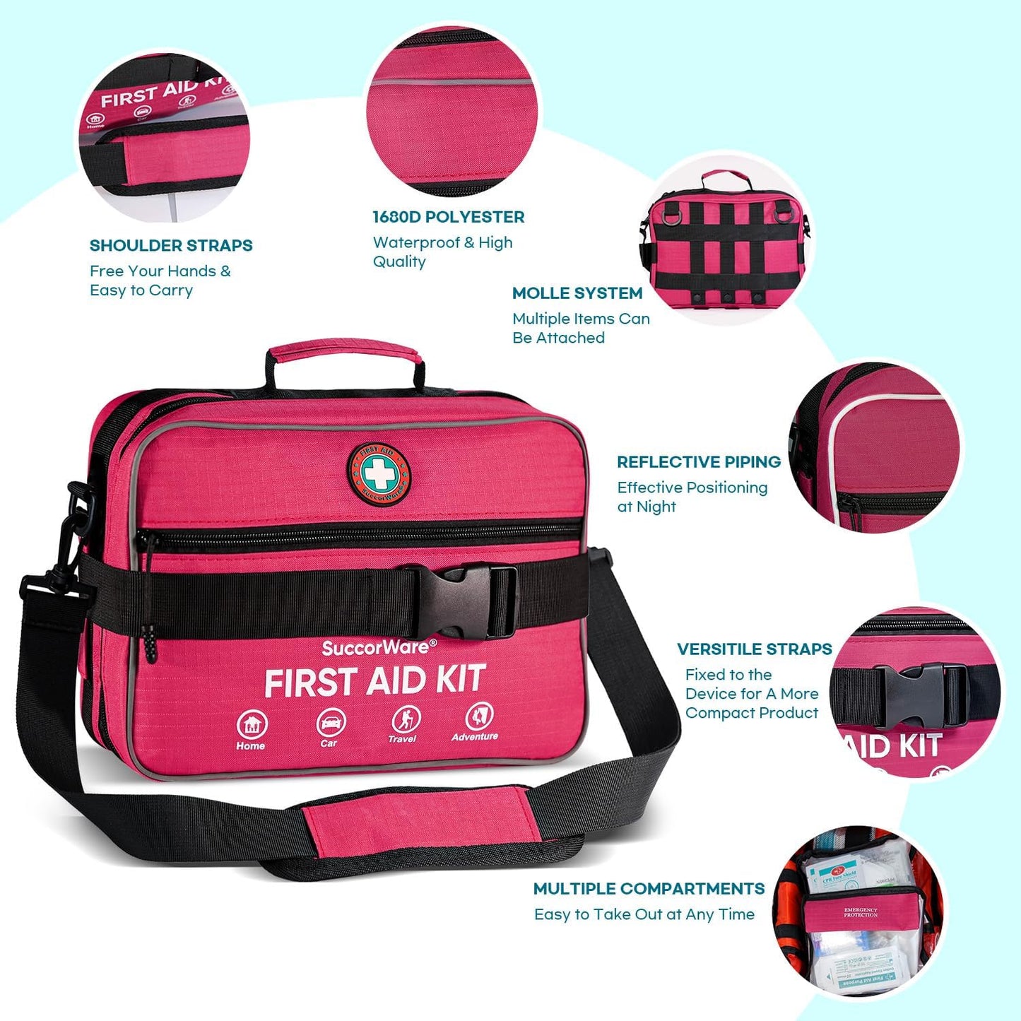 Skiennix Professional 435-Piece Large First Aid Kit - Comprehensive Emergency Medical Supplies for Home, Camping, Travel & More (Pink)