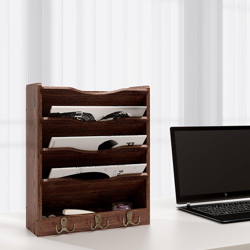 Senhoglb 5 Tier Hanging Wall File Holders Letter Size Wall File Organizer Wood Mail Organizer with 6 Hooks, Brown