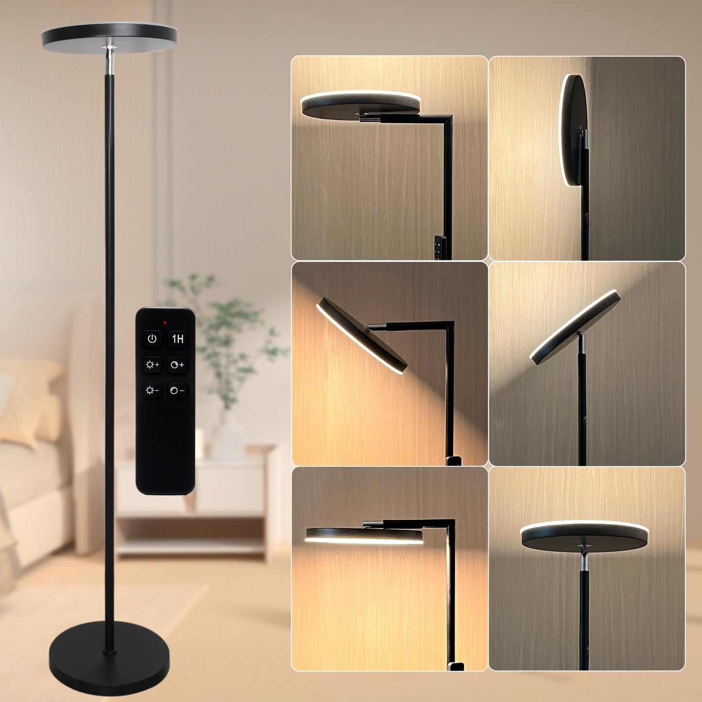Anrotix 90-Degree Foldable LED Torchiere Floor Lamp, Super Bright 30W 3000LM, Remote Control with Stepless Dimming & Color Temperature Adjustable, Standing Lamp for Living Room, Bedroom, Office Black