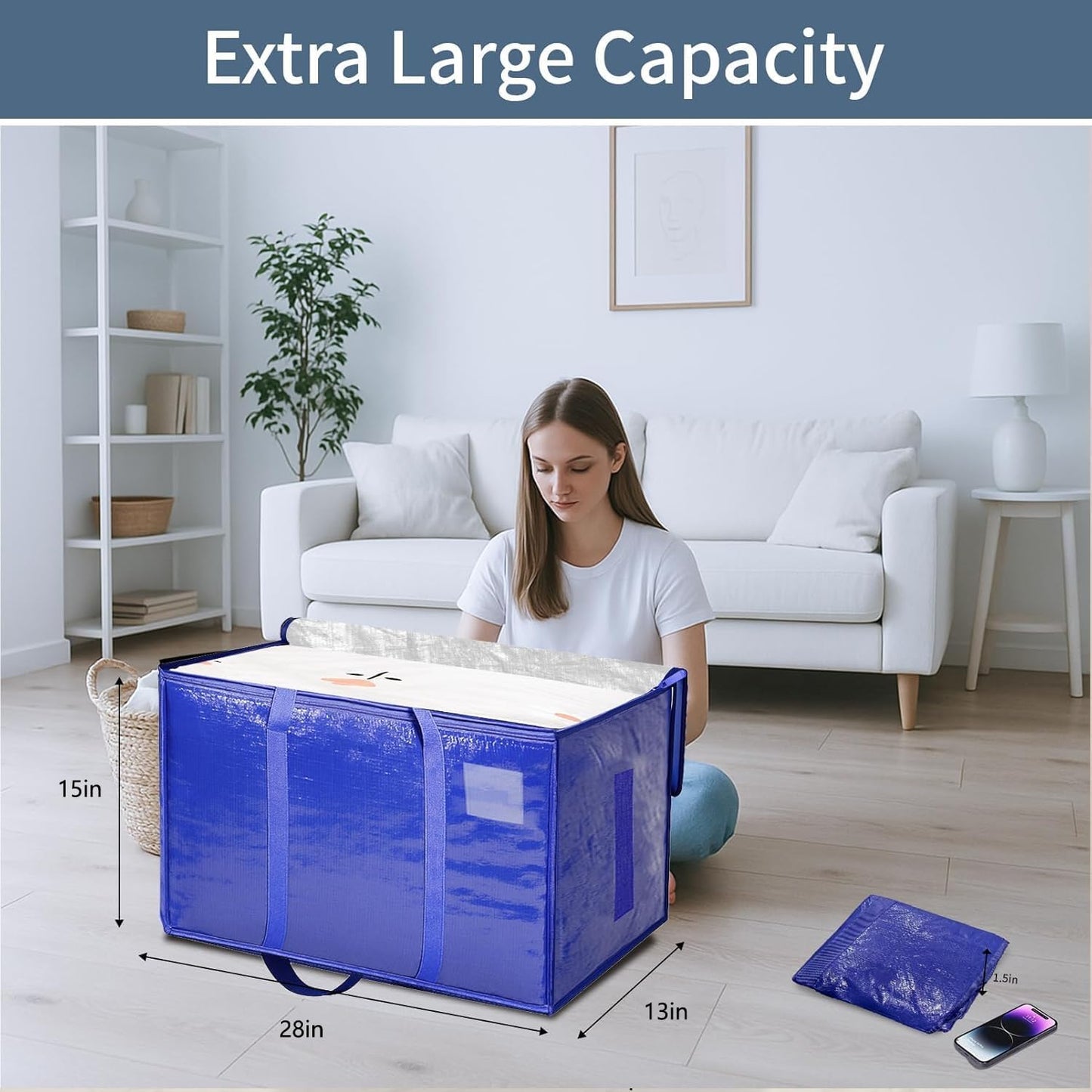 Skiennix Extra Large Heavy Duty Moving Bags - Waterproof Storage Totes with Handles & Zippers | 12 Pack (Blue)