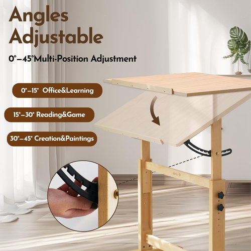 conda Wood Adjustable Drafting Table 35.5" x 23.5" - Beech Wood Art Desk with Adjustable Height & Tilting, Pencil Ledge, and Ruler for Writing, Reading, Design, and Crafting