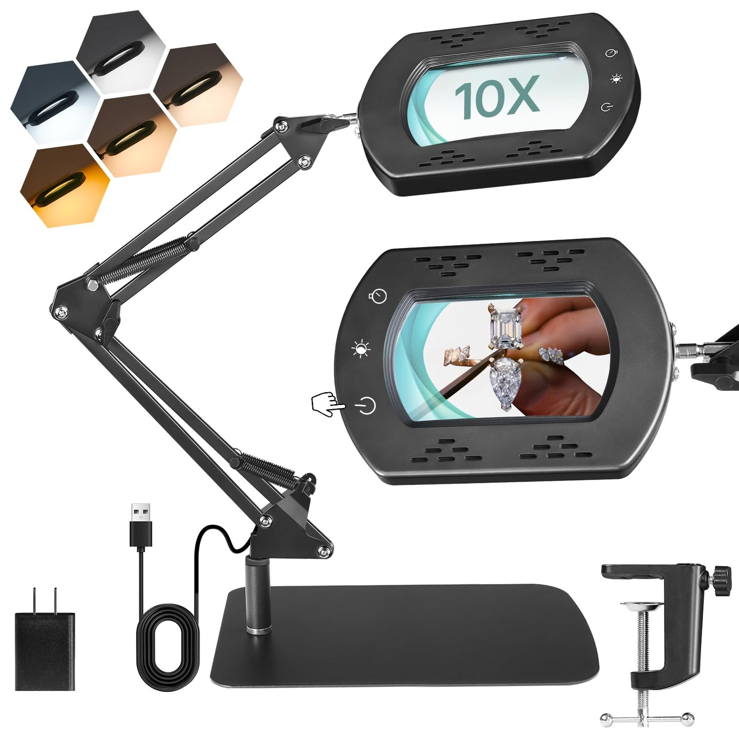 GOEBLESON 10X Square Magnifying Glass with Light and Stand, 2-in-1 LED Lighted Desk Lamp & Clamp, 5 Color Modes Stepless Dimmable, Hands-Free Magnifier Desk Lamp for Reading Craft Close Work B01DL05