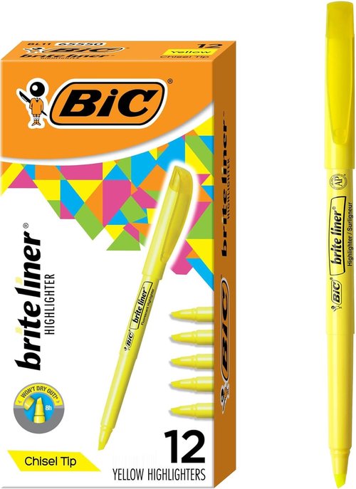 BIC Brite Liner Highlighters - Chisel Tip, 12-Pack of Yellow Highlighters for Organizing & Coloring
