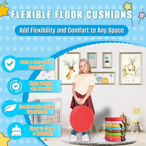 M Mute Touch 8 PCS 16 Inch Round Floor Cushions with Handle, Flexible Seating for Classroom | Waterproof Synthetic Leather Round Cushions | 16''x16''x2'' Floor Pillow for Home, Yoga and Meditation