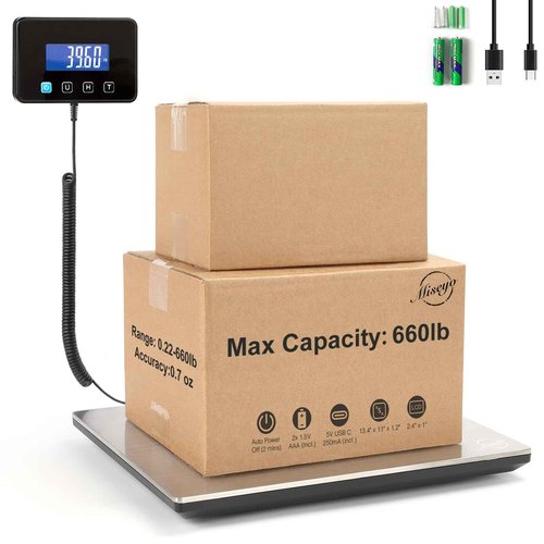 Miseyo 660lbs Heavy Duty Digital Shipping Scale - 0.7oz High Accurate Stainless Steel Postal Scale for Packages, Luggage, Small Business, Warehouse, Battery & Charging Cable Included