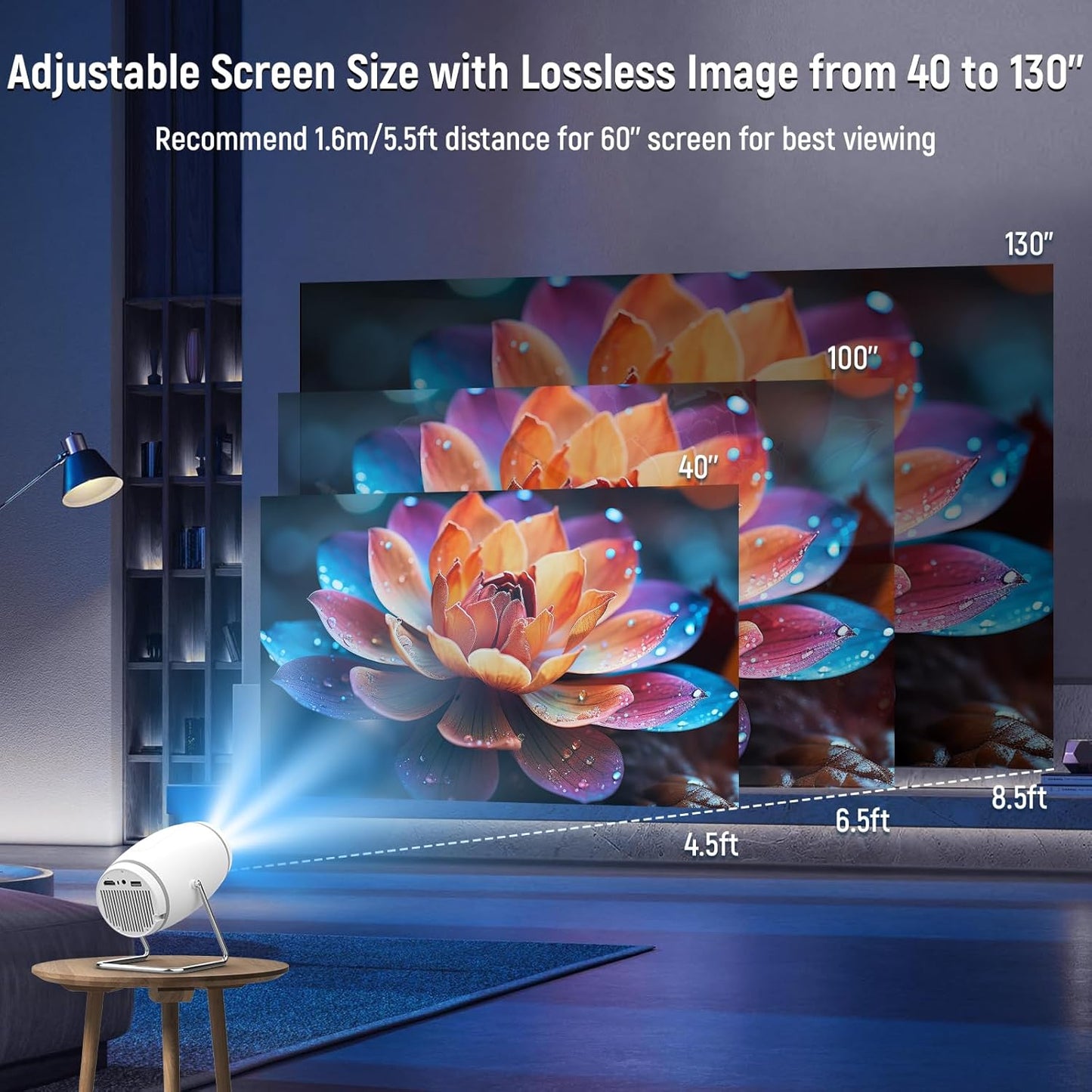 Skiennix Mini Projector - 4K 1080P WiFi & Bluetooth Portable Projector | 180° Rotatable, 130'' Screen