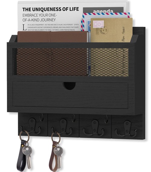 Nekon Mail Organizer with Drawer for Wall, 12"W x 10"H x 3.1"D Mail Sorter Wall Mounted, Wooden Key Holder Wall File Organizer Letter Sorter for Letter Magazines (Black)