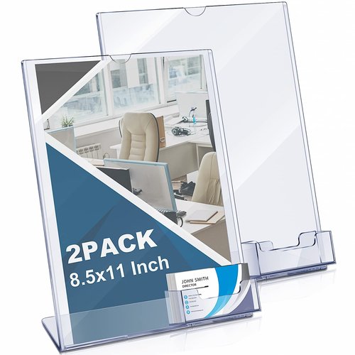 Vicenpal Acrylic Sign Holder with Business Card Holder, 8.5 x 11 Clear Brochure Display Stand Flyer Stand with Business Card Pocket for Magazine Pamphlet Booklets Menu Desktop(2 Pcs)