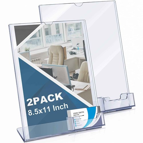 Vicenpal Acrylic Flyer Stand Sign Holder with Business Card Holder 8.5 x 11 Clear Brochure Display Stand with Business Card Pocket for Magazine Pamphlet Booklets Menu Desktop(8 Pcs)