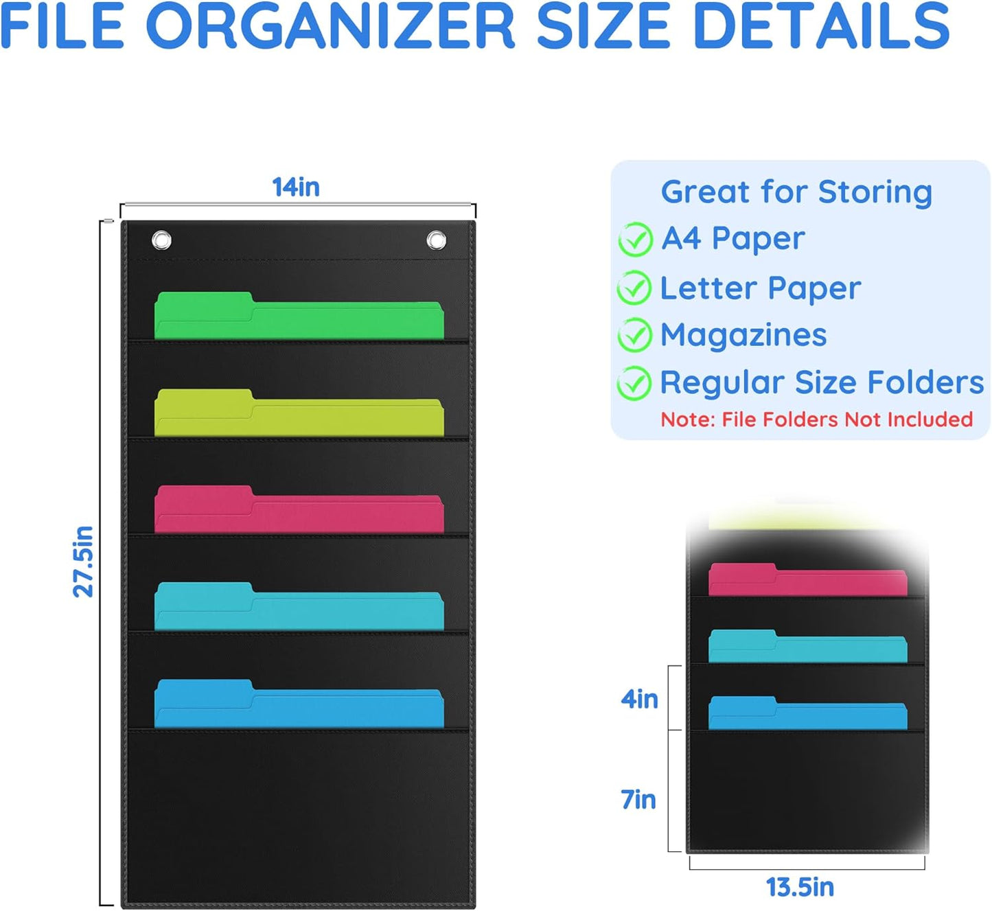 ZKOO Wall File Organizer - 5 Pocket A4/Legal/Letter Size Document Holder | Sturdy Black Design for Home & Office