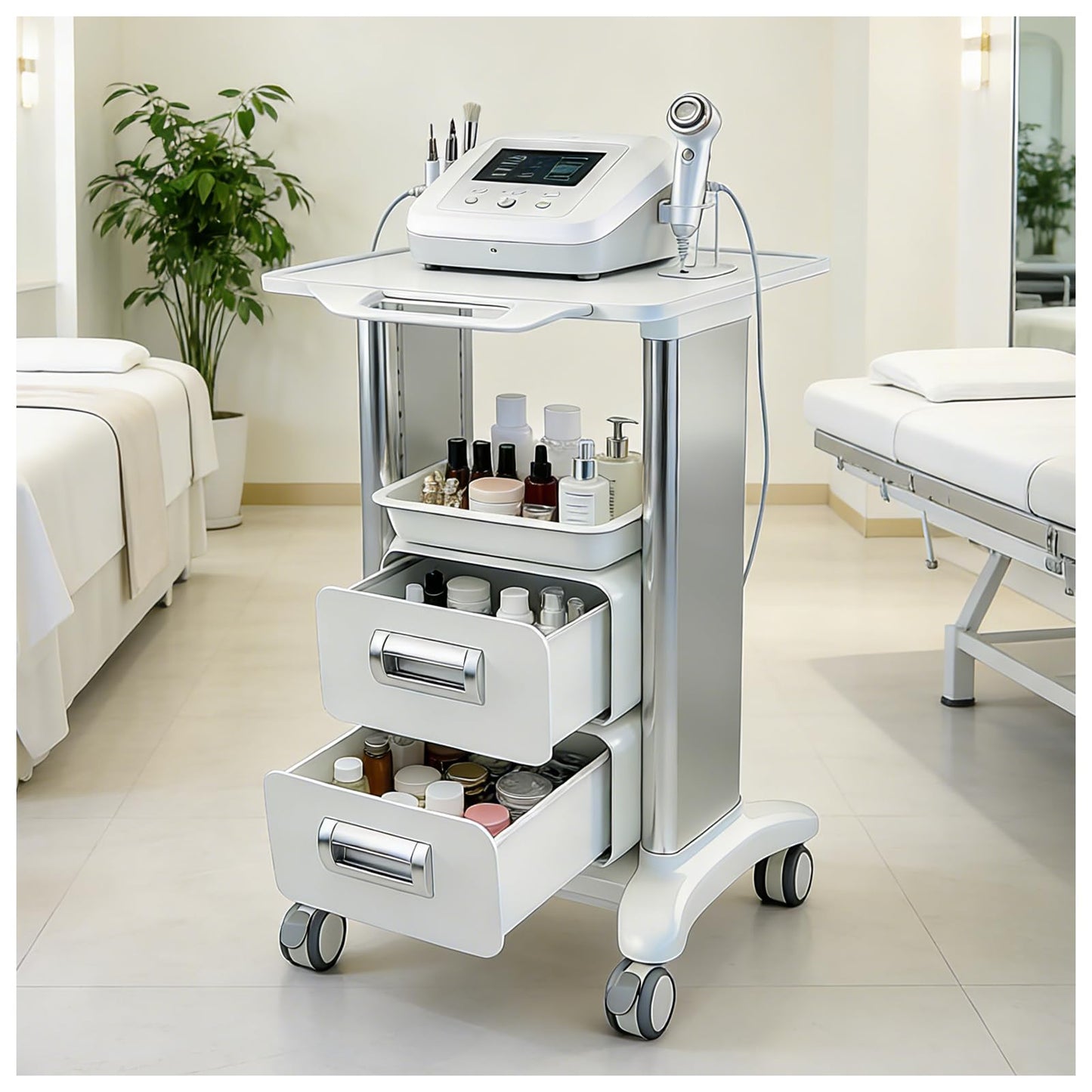 Medical Trolley Cart Mobile with Drawers, Hospital Ultrasound Cart with 4 Silent Swivel Wheels, Portable Medical Trolley Carts, 225 LBS Load, for Beauty, Salon, Clinic and Lab (Silver, Double Drawer)