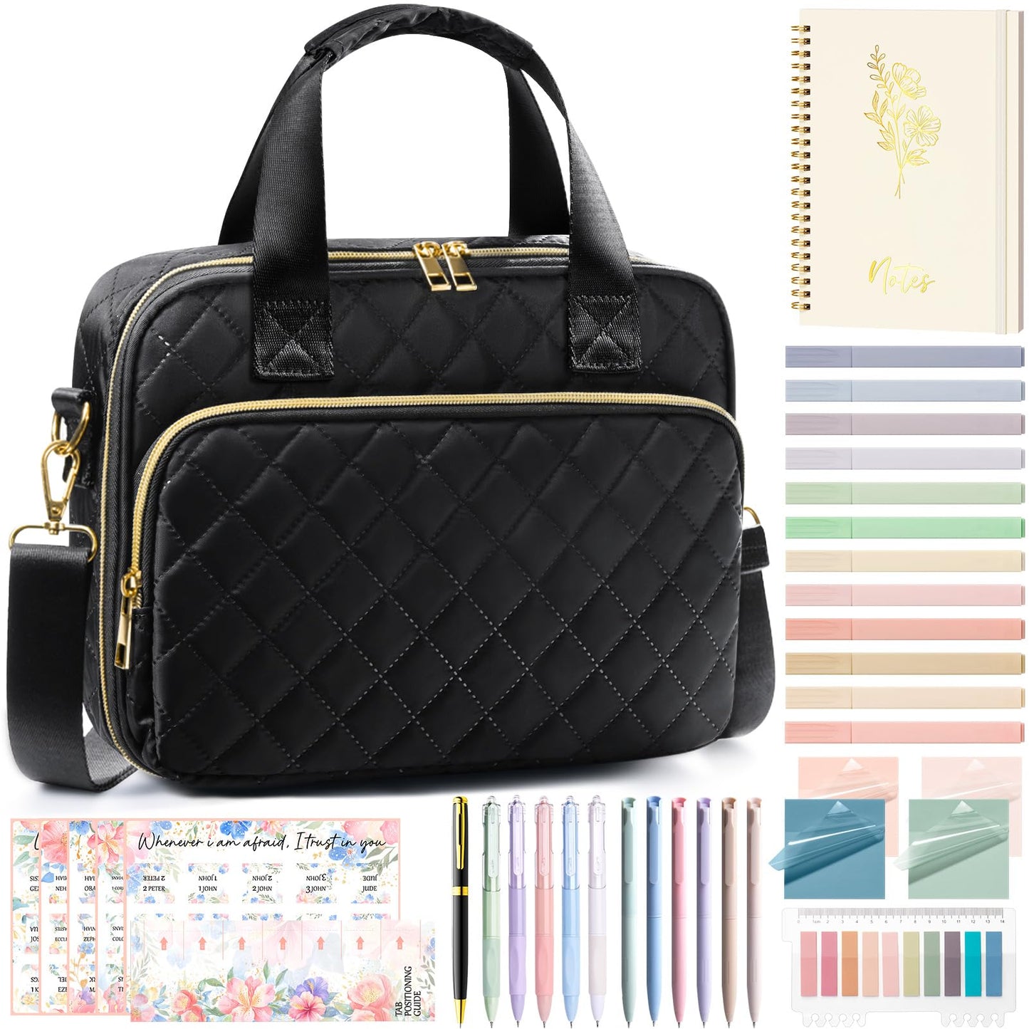 Bible Cover Case for Women, Large Bible Bag Bible Study Supplies Accessories Journaling Kit with Highlighters Tabs, Quilted Book Carrying Cases with Shoulder Strap, Christian Easter Gifts for Women