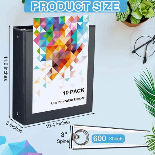 TaoBary 10 Pack 3 Inch Binders 3 Ring Heavy Duty Black Round Rings Bulk 11.6" x 10.4" Presentation Folder View Binder with Pockets Binder for Christmas Office Gifts Supplies Teacher Student Home