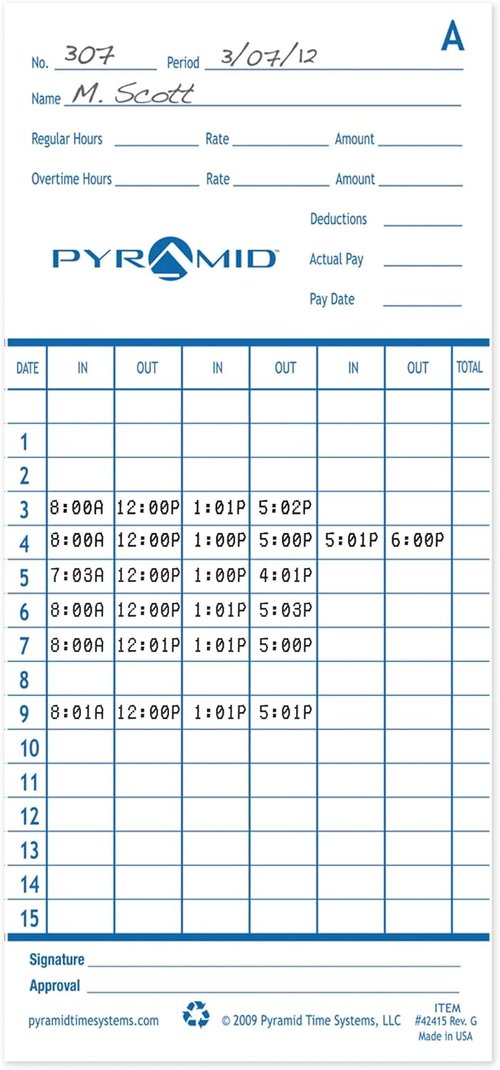 Pyramid Time Systems - Authentic Time Cards for Pyramid Models 2500, 2500K1, 2600, 2650 | Double-Sided Sheets (3.38 x 7.44 in) - 100 Blue/Green Cards