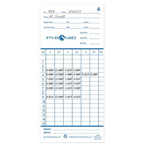 Pyramid Time Systems - Authentic Time Cards (42415) for Pyramid Models 2500, 2500K1, 2600 and 2650 Aligning Time Clocks, Double Sided Time Sheets (3.38 x 7.44 in) - 100 Time Cards - Blue/Green